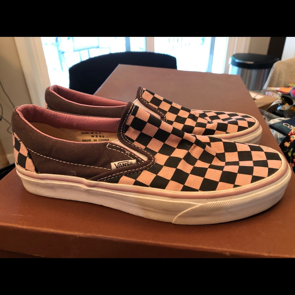 Size 8.5 brown/pink slip on vans